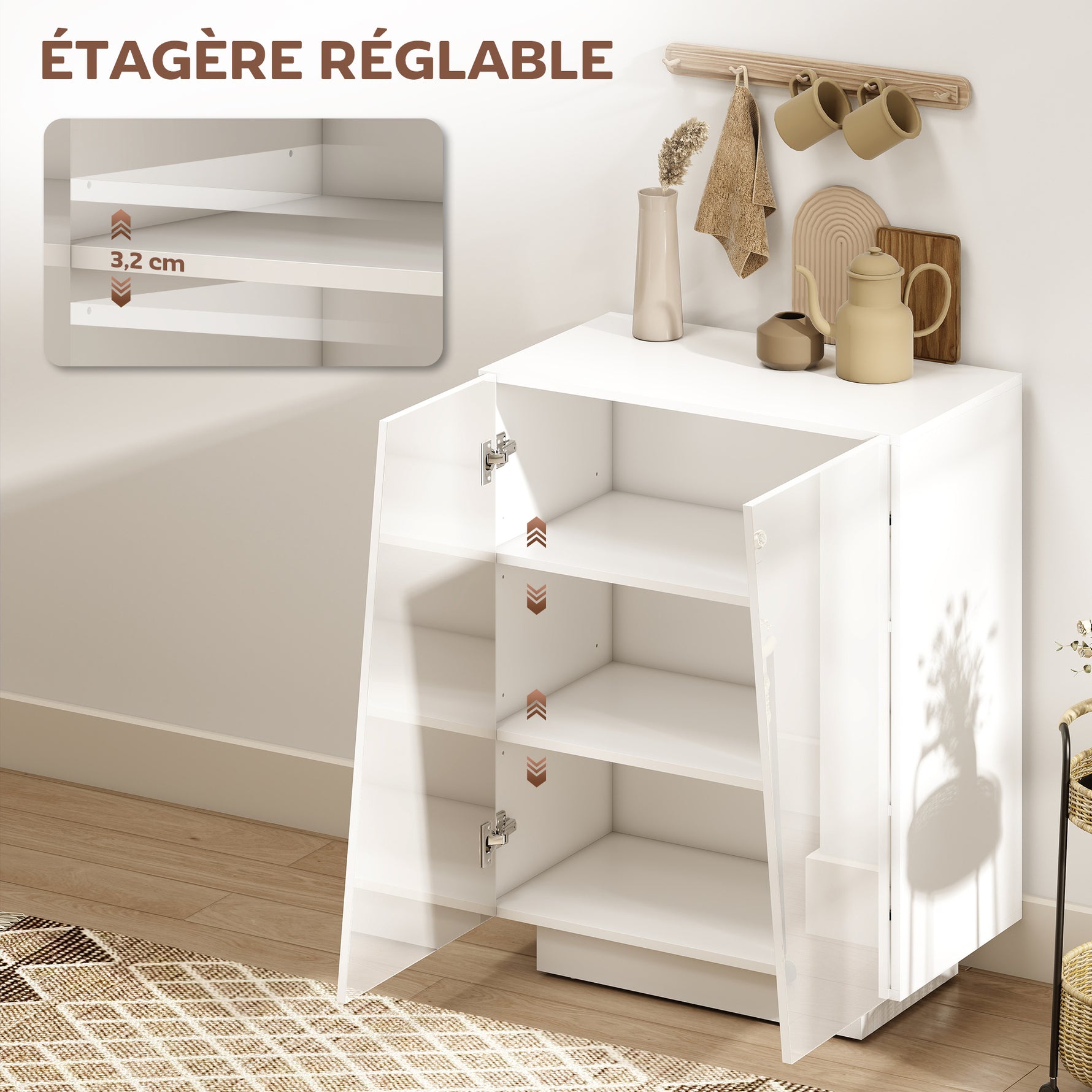 Buffet meuble de rangement avec placard double porte et étagère réglable, 70 x 40 x 88 cm, blanc brillant