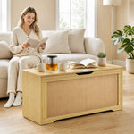Coffre de Rangement en Rotin 136L, Banc Coffre avec Couvercle Relevable et 2 Charnières de Sécurité, Chêne