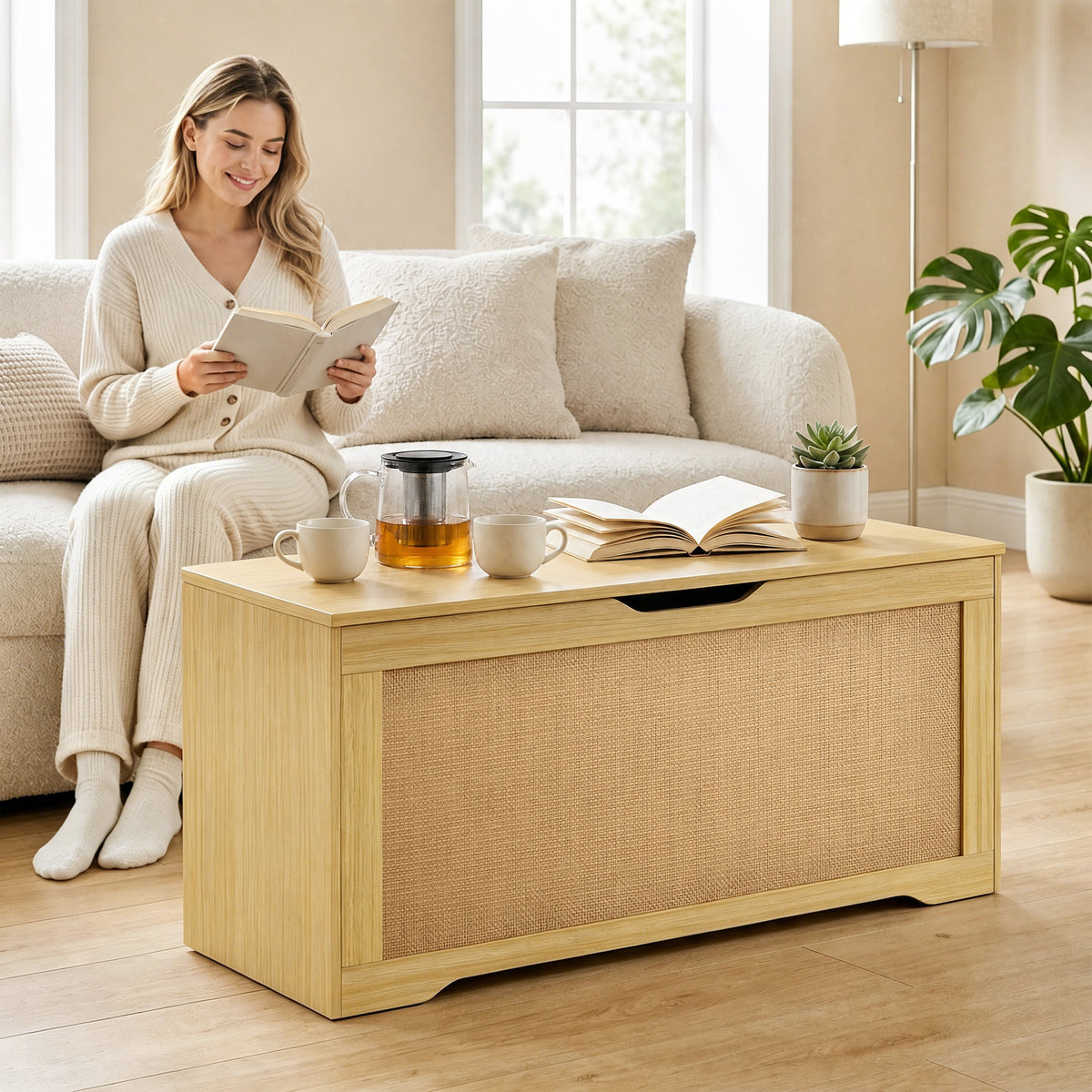Coffre de Rangement en Rotin 136L, Banc Coffre avec Couvercle Relevable et 2 Charnières de Sécurité, Chêne