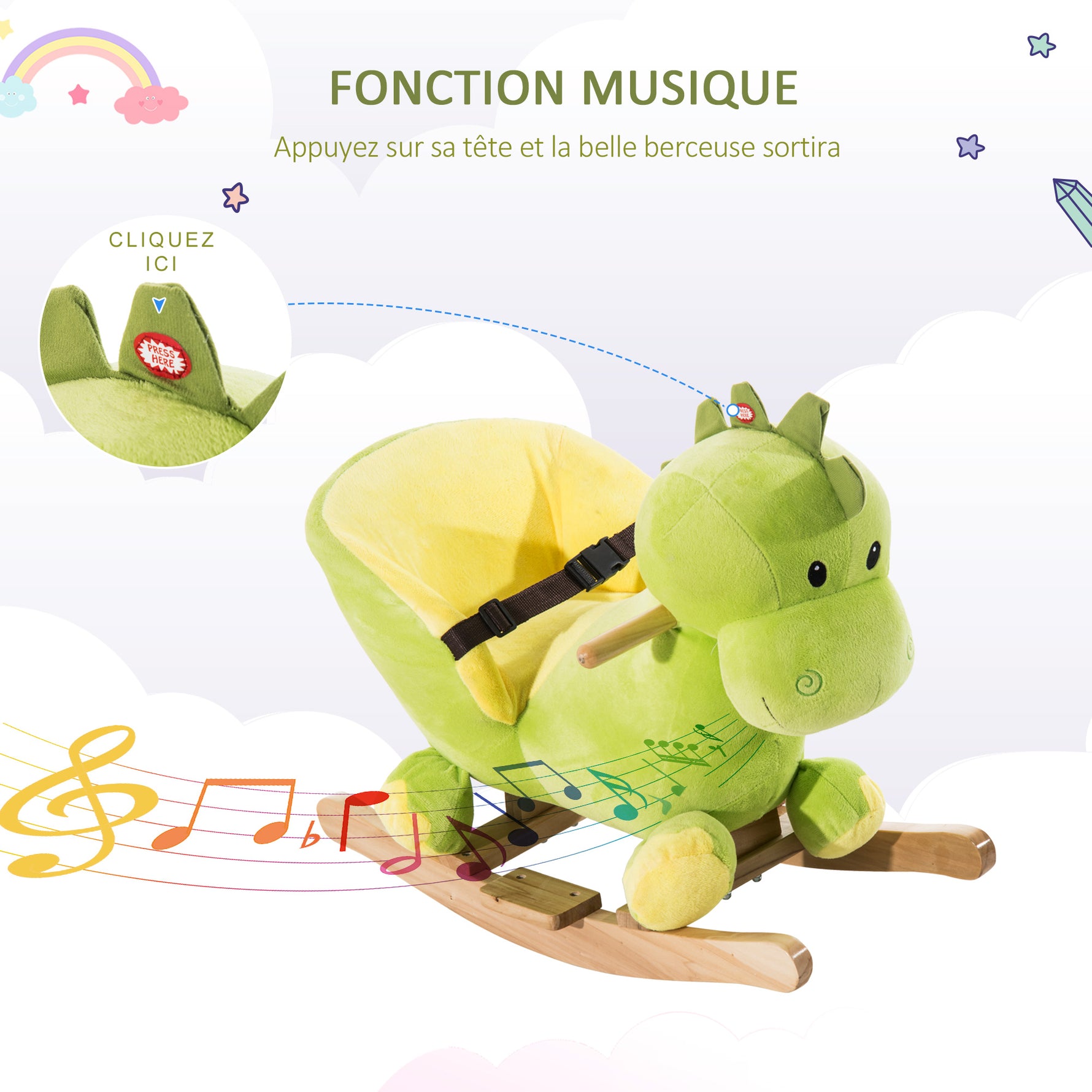 Jouet à Bascule Dinosaure Ceinture de sécurité Effet sonore 32 chansons pour enfants de 18+ Mois Bois Peluche Verte