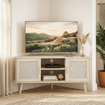 Meuble TV d'Angle 115 cm, Meuble Télé pour Téléviseur jusqu'à 65 Pouces, 2 Portes en Rotin  2 Compartiments, Chêne