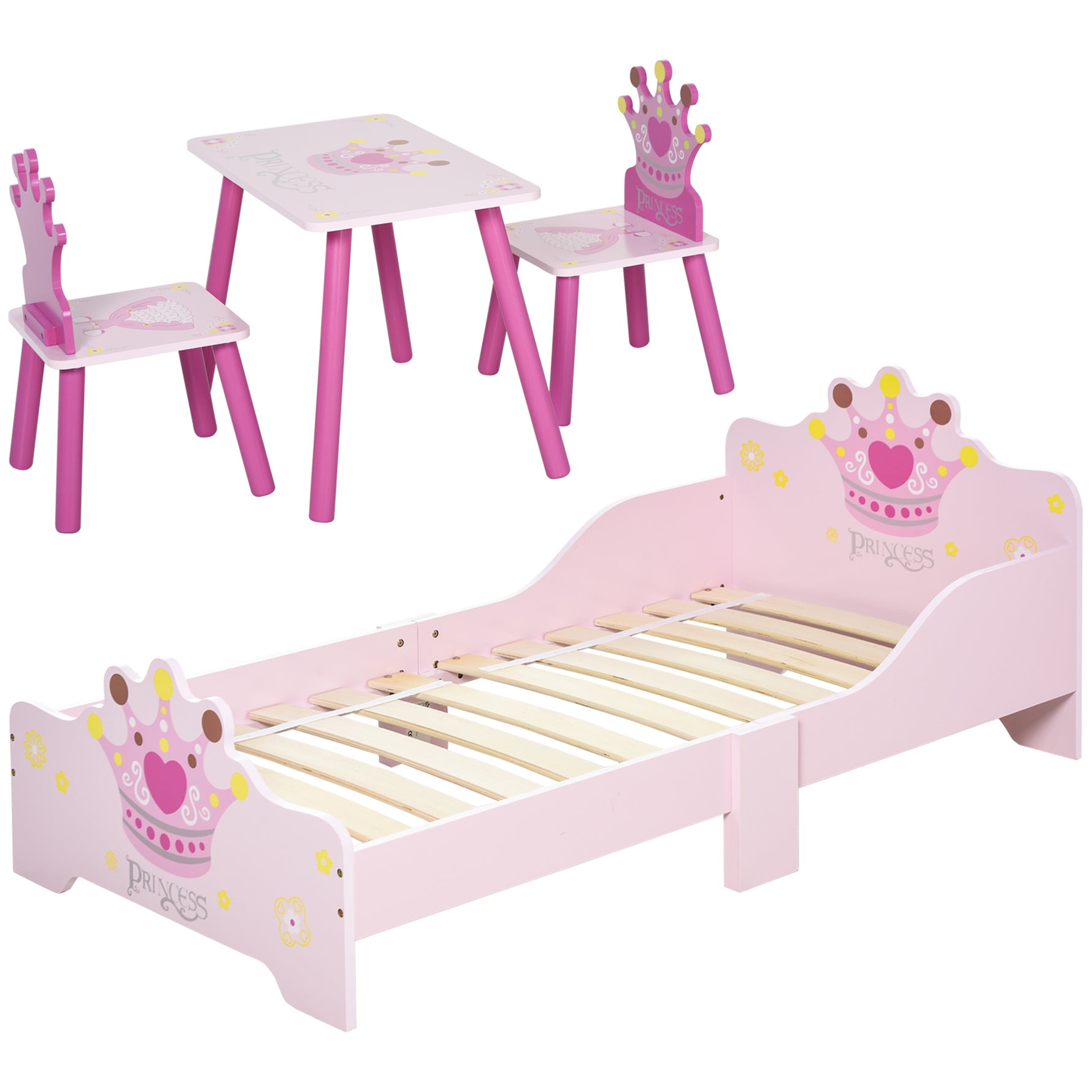 Lit Enfant et Ensemble table et chaises enfant - Design Princesse Motif Couronne - sommier à Lattes Inclus - Rose