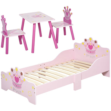 Lit Enfant et Ensemble table et chaises enfant - Design Princesse Motif Couronne - sommier à Lattes Inclus - Rose