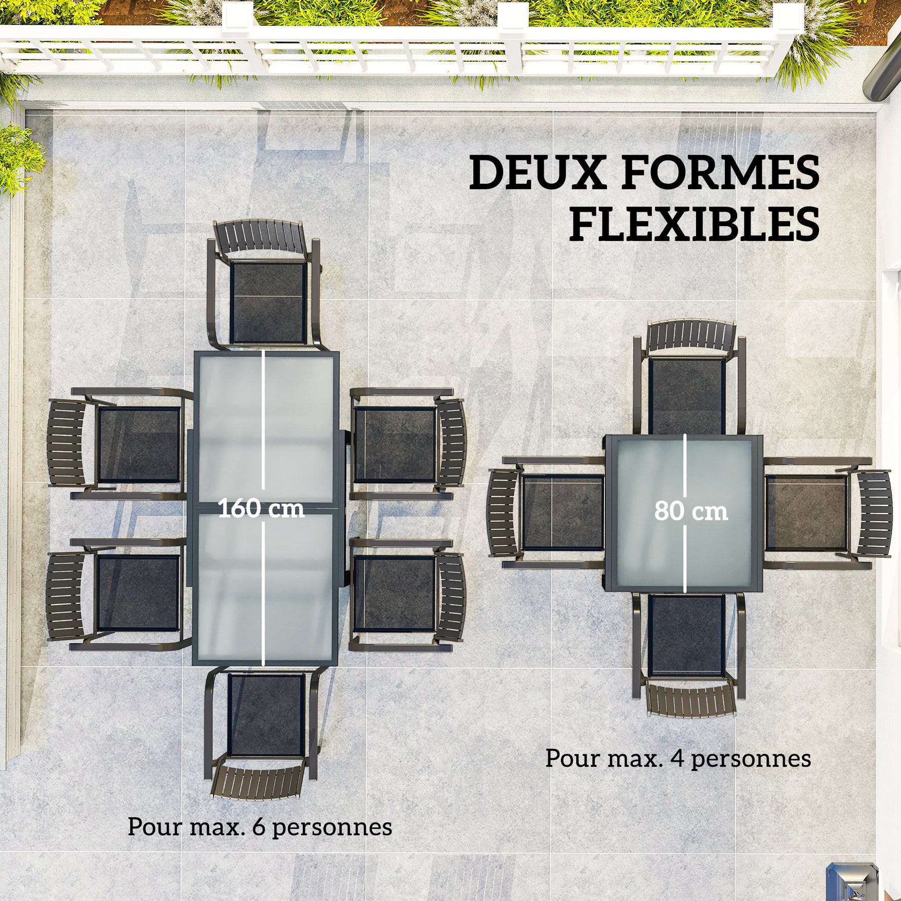 Table Extensible de Jardin Grande Taille dim. dépliées 160 x 80 x 75 cm Aluminium Plateau Verre trempé transparent