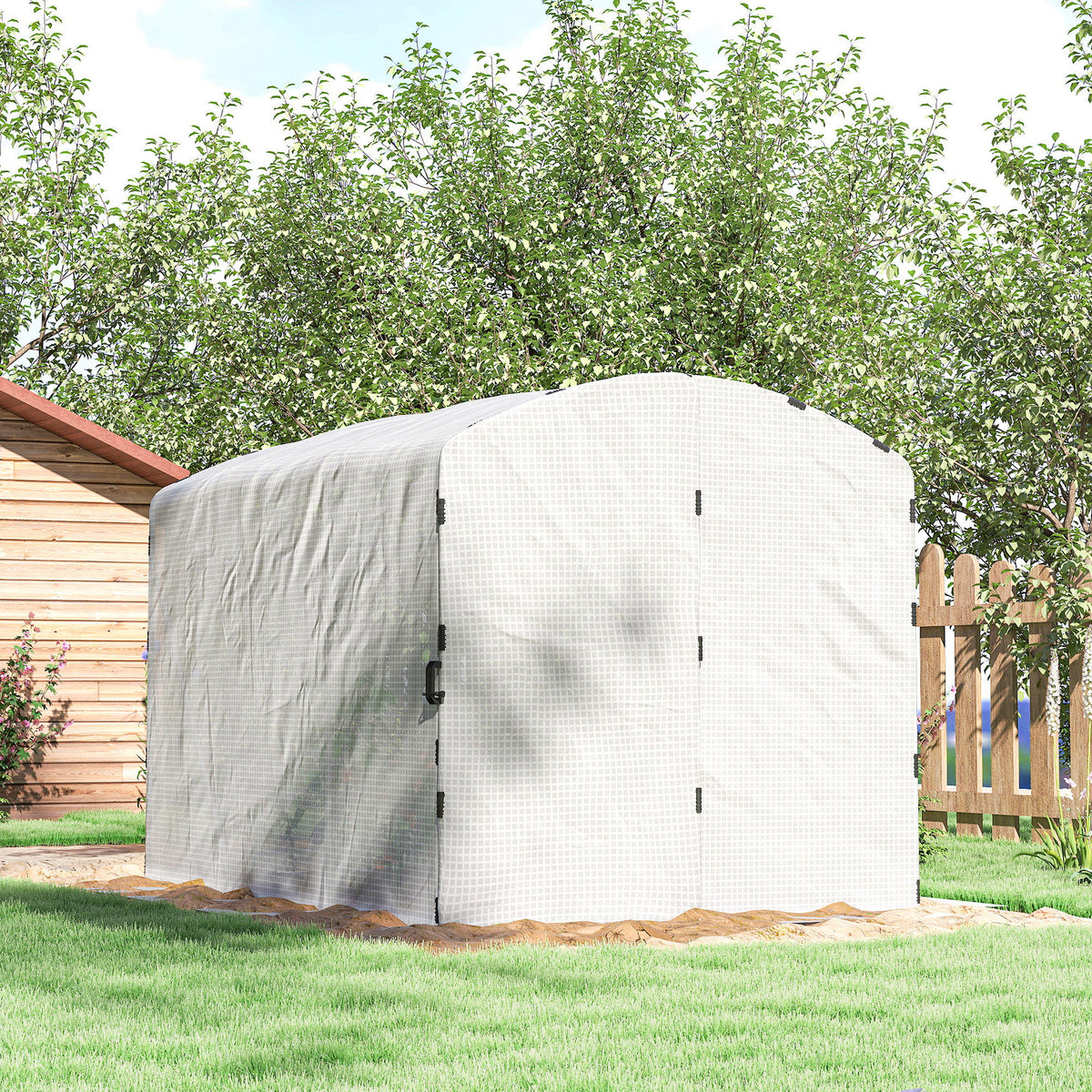 Serre tunnel de jardin 6m², serre de jardin tunnel 300x200x195cm bâche PE 220g/m² bords prolongés 50 cm avec porte blanc