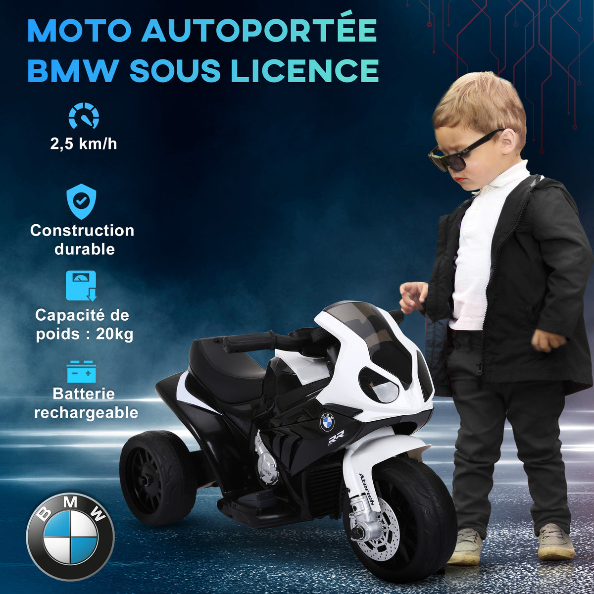 Moto électrique enfants sous licence BMW S1000 RR, 3 roues, 6V et 2,5 Km/h, voiture électrique enfants avec effets lumineux et sonores, moto enfant, charge max. 20 kg, noir