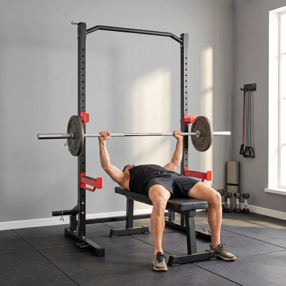 Power Tower Multifunzione Carico 500 kg, Barra per Trazioni, Rack per Squat, Supporti per Dischi, 157x105x205cm, Rosso