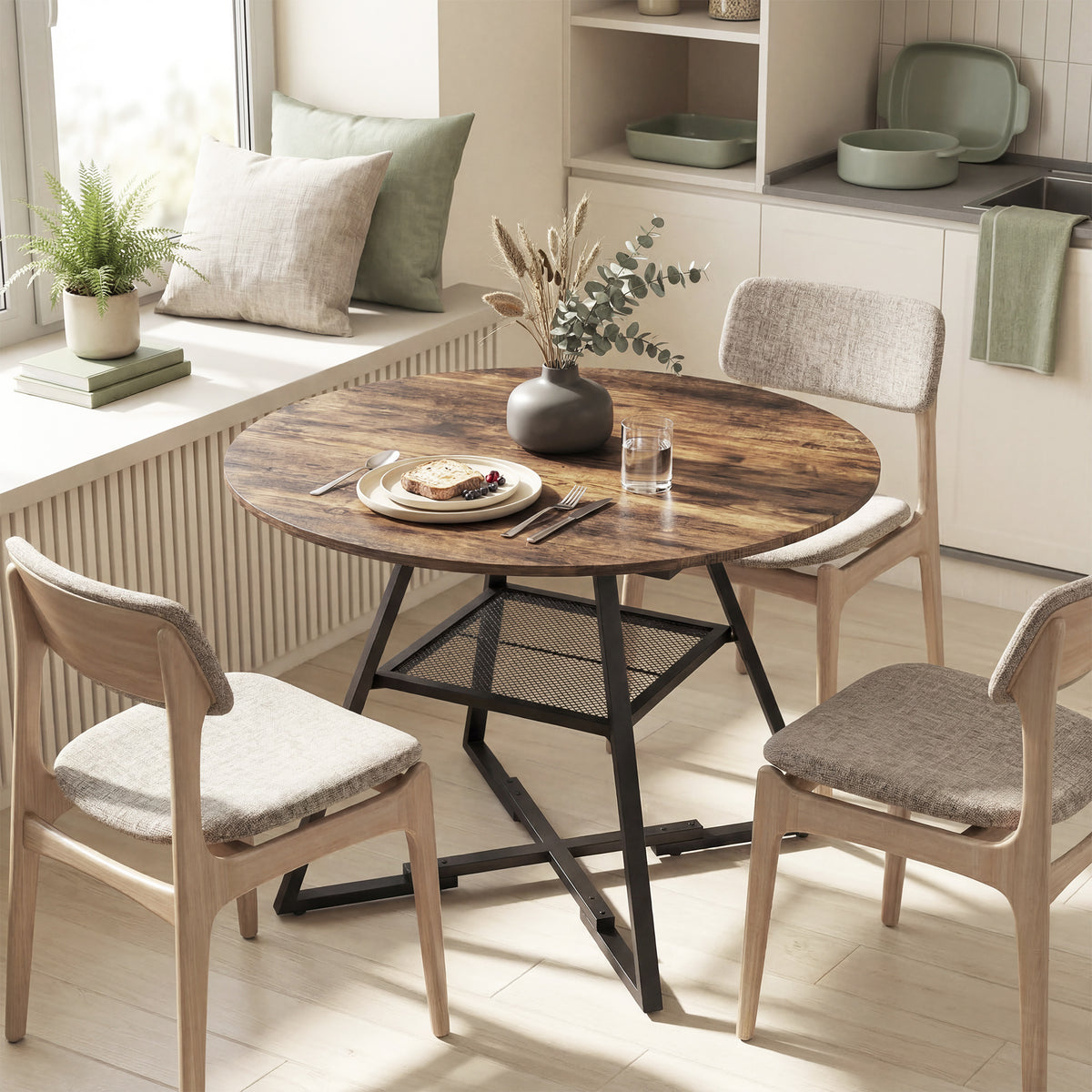 Table à manger ronde pour 4 personnes, Ø 100 x 76 cm, table de cuisine avec large plateau et étagère, brun rustique