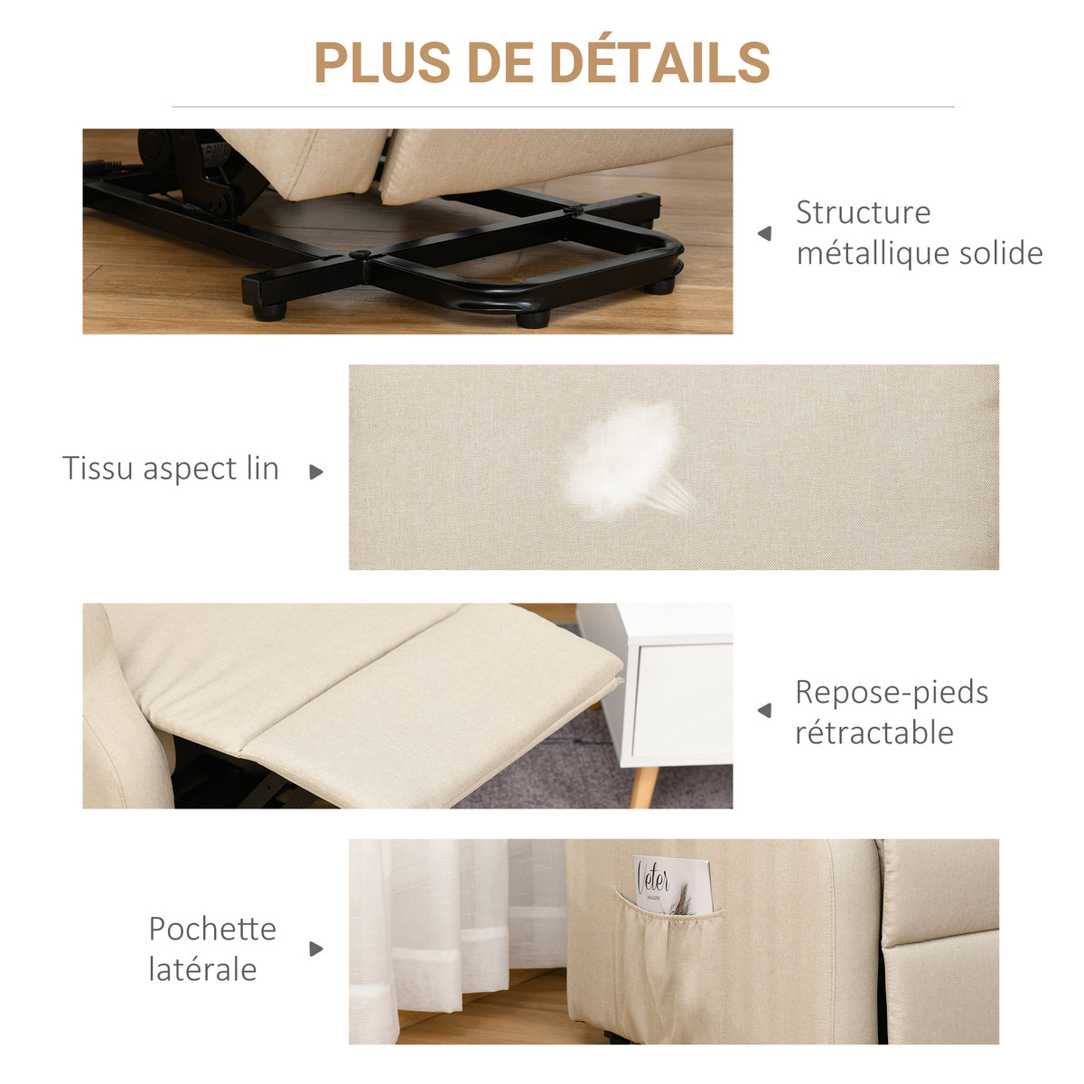 Fauteuil releveur inclinable avec Repose-Pied Fauteuil de Relaxation électrique Ajustable Lin Crème