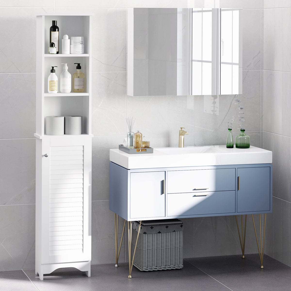 Mueble columna para baño, 3 nichos, armario con puerta de persiana, 3 estantes, MDF, paneles de partículas, blanco