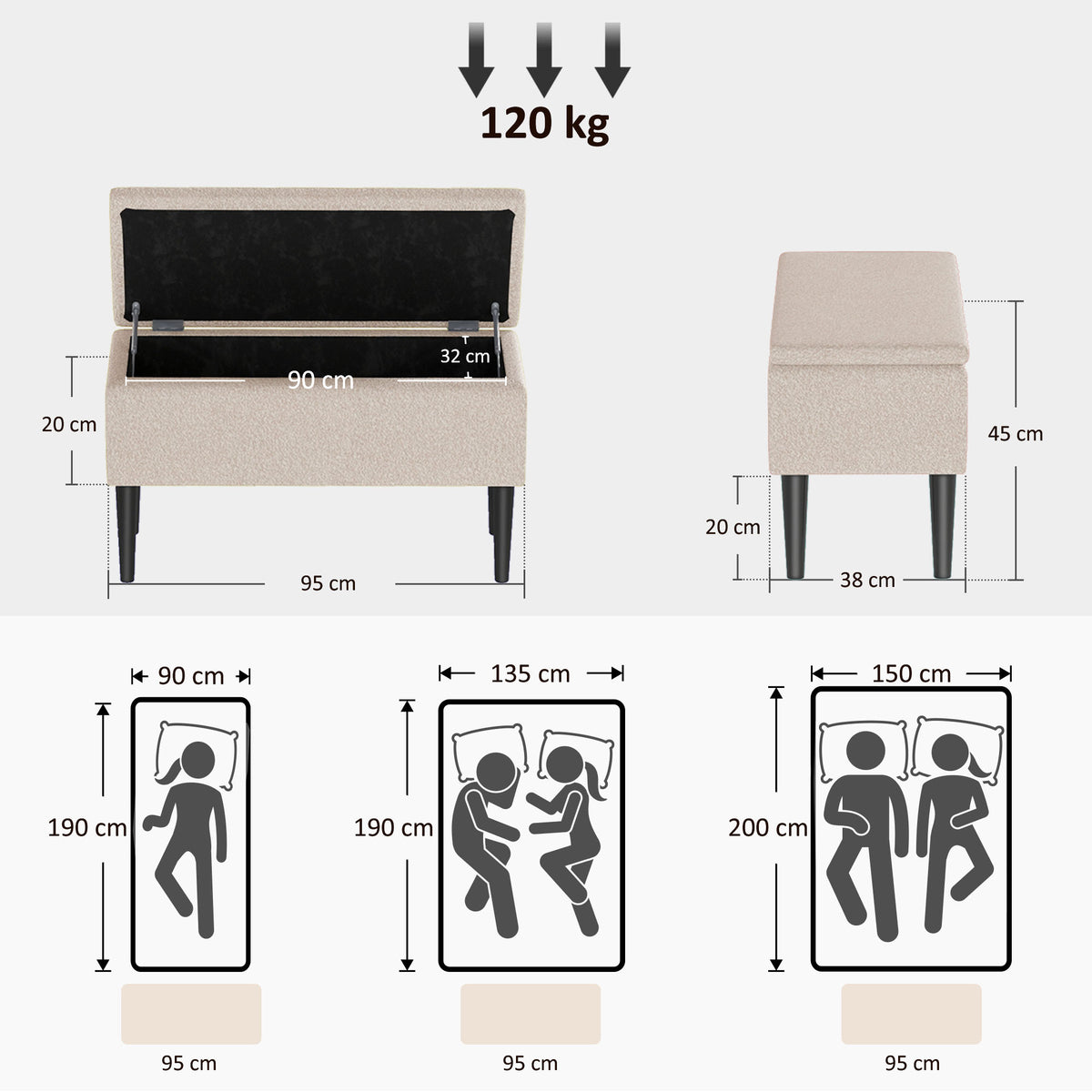 Banc de rangement coffre de rangement pieds en bois de caoutchouc 95 x 38 x 45 cm beige