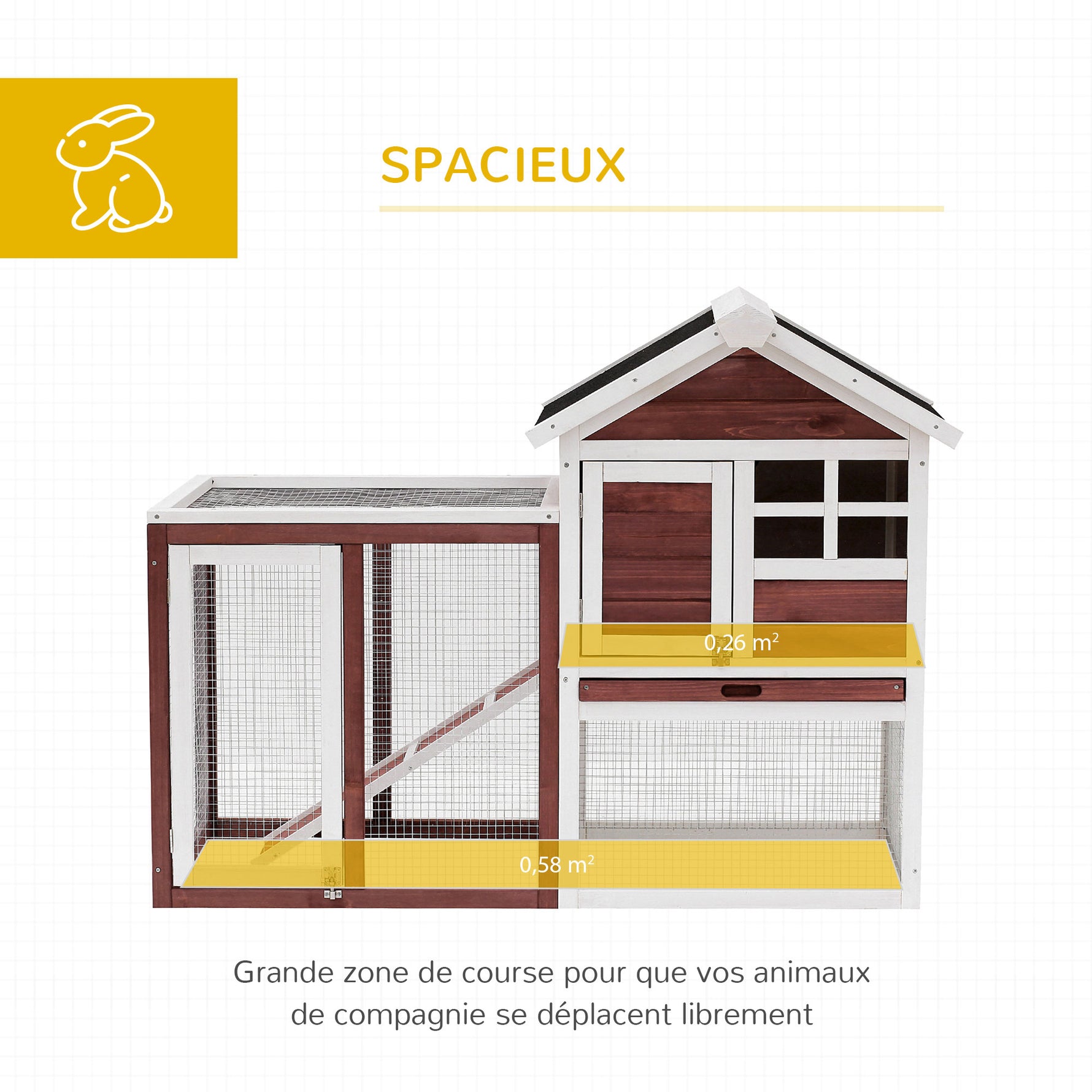 Clapier cage à lapins multi-équipé : niche supérieure avec rampe, plateau excrément, fenêtre + enclos  extérieur sécurisé 2 portes 123,5L x 62,6l x 92,5H cm rouge brique