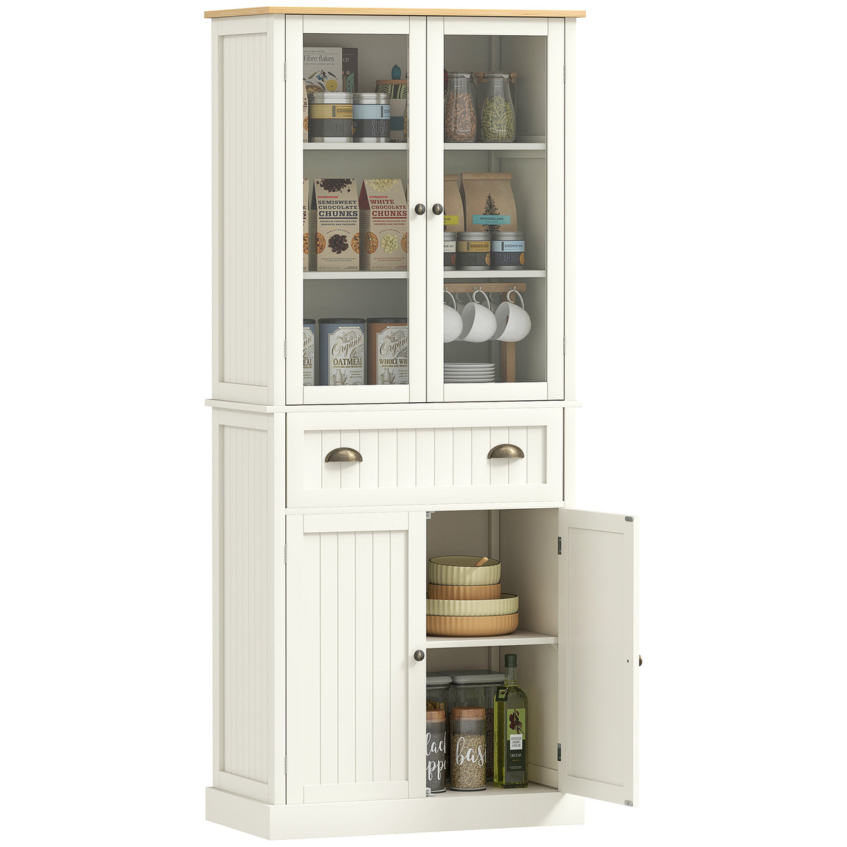 Buffet meuble cuisine rangement armoire de cuisine 4 portes dont 2 portes vitrées et 1 tiroir hauteur 182,5 cm avec étagères réglables - beige