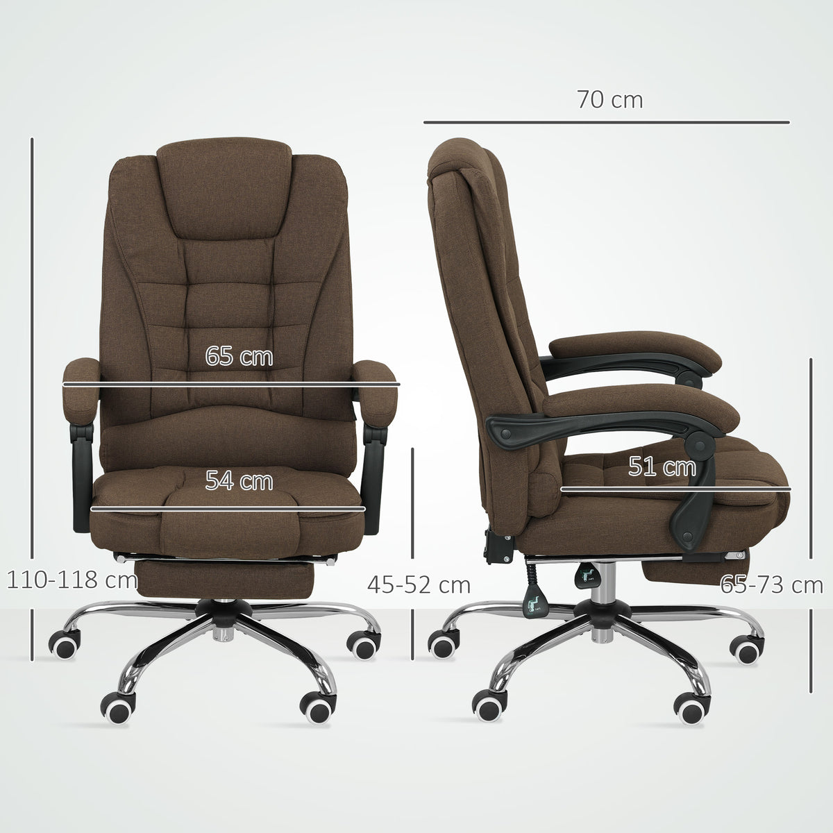Fauteuil de bureau avec hauteur réglable, dossier inclinable, repose-pied et accoudoirs rembourrés, marron
