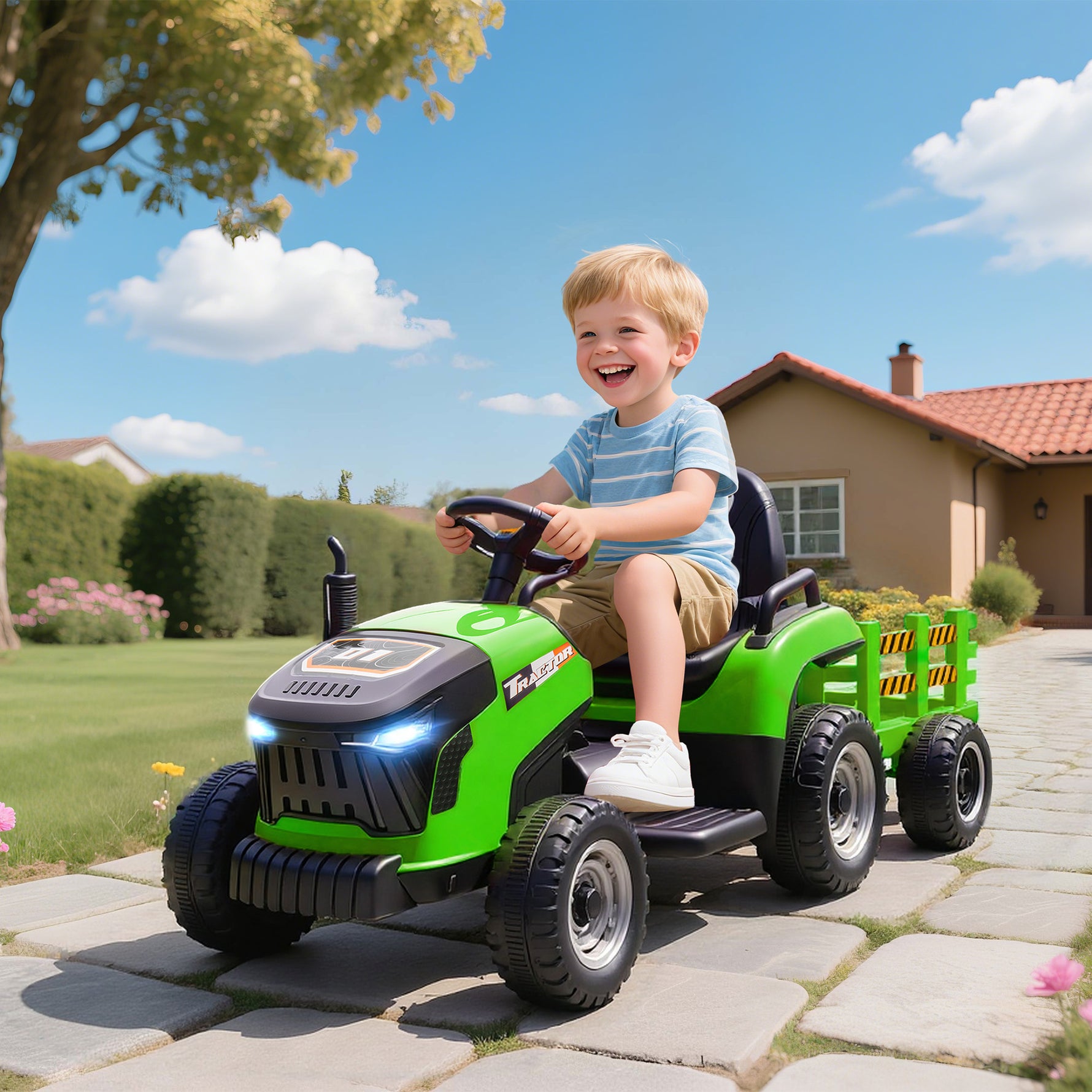 Tracteur électrique enfants avec remorque amovible, voiture électrique enfants, télécommande 2,4G, 139x58x55cm, vert
