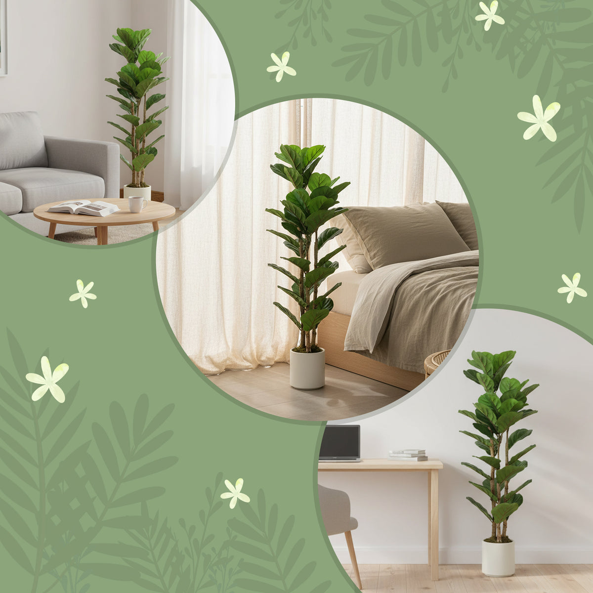 Plante artificielle intérieure 120 cm Figuier lyre arbre artificiel avec pot en plastique et tronc en bois massif, vert