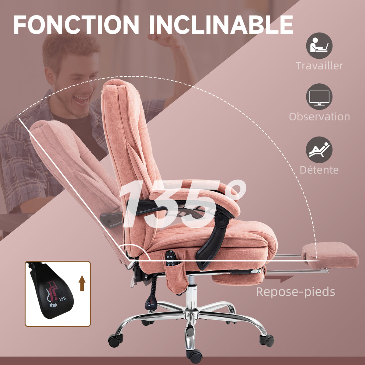 Fauteuil de bureau massant et chauffant hauteur réglable dossier inclinable télécommande repose-pieds rétractable rose