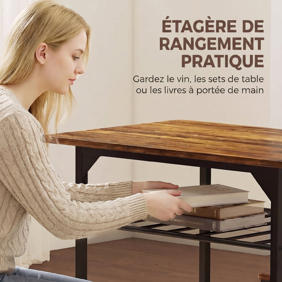 Ensemble table salle à manger avec 2 chaises, table de cuisine avec chaises pour 2 personnes, cadre en métal, marron