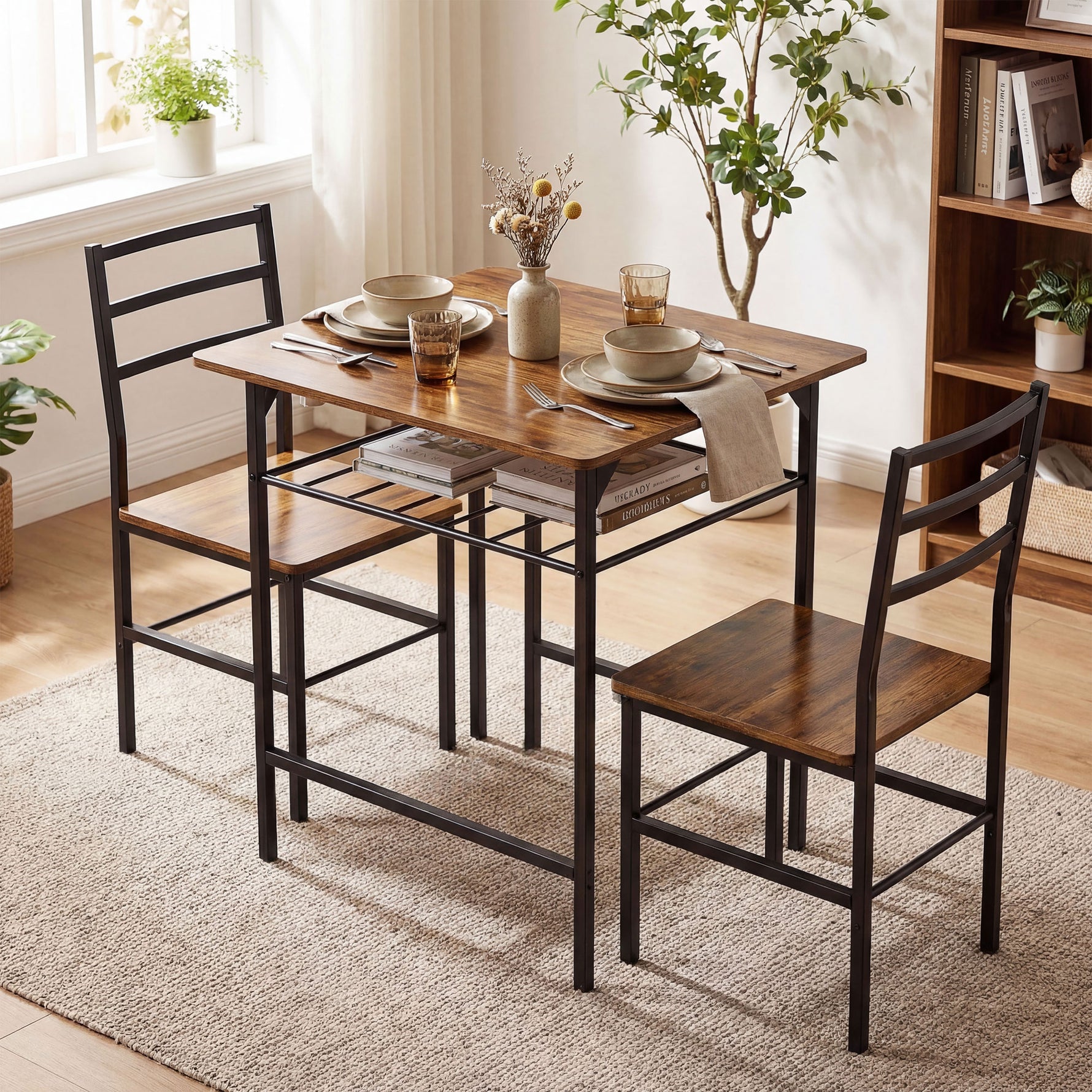 Ensemble table salle à manger avec 2 chaises, table de cuisine avec chaises pour 2 personnes, cadre en métal, marron