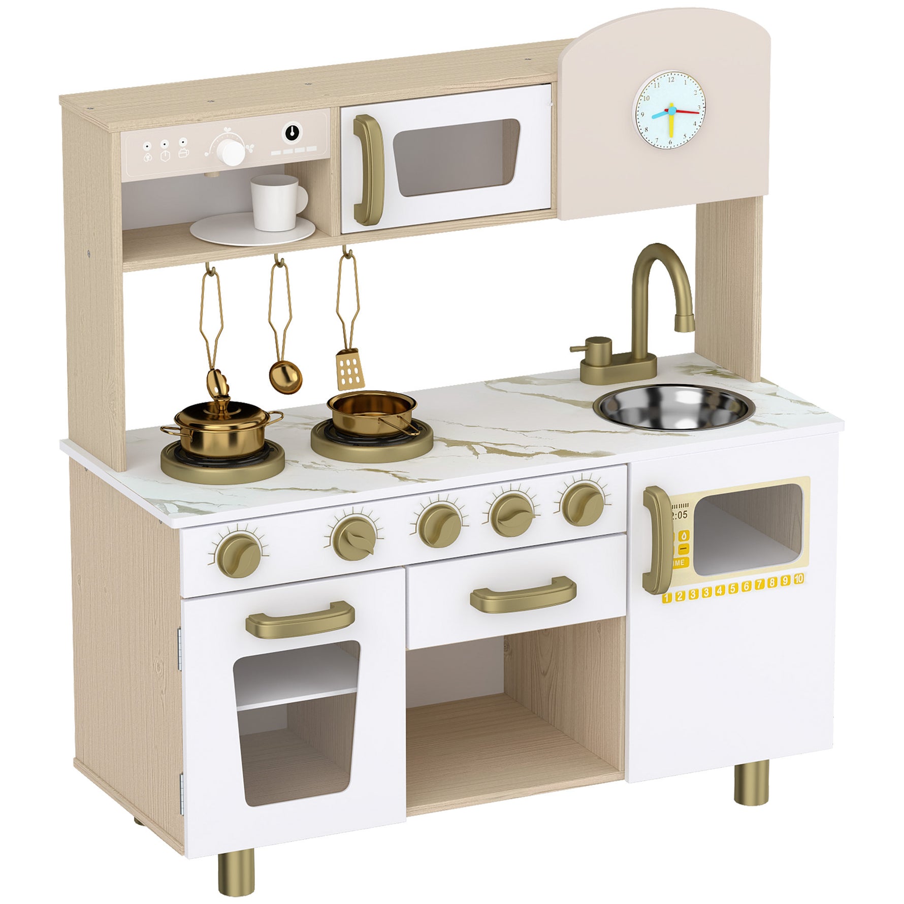 Cuisine Enfant en Bois, Dinette Cuisine Enfant avec Ustensiles en Acier Inoxydable, pour 3 à 6 Ans, 74x29x81cm, Blanc