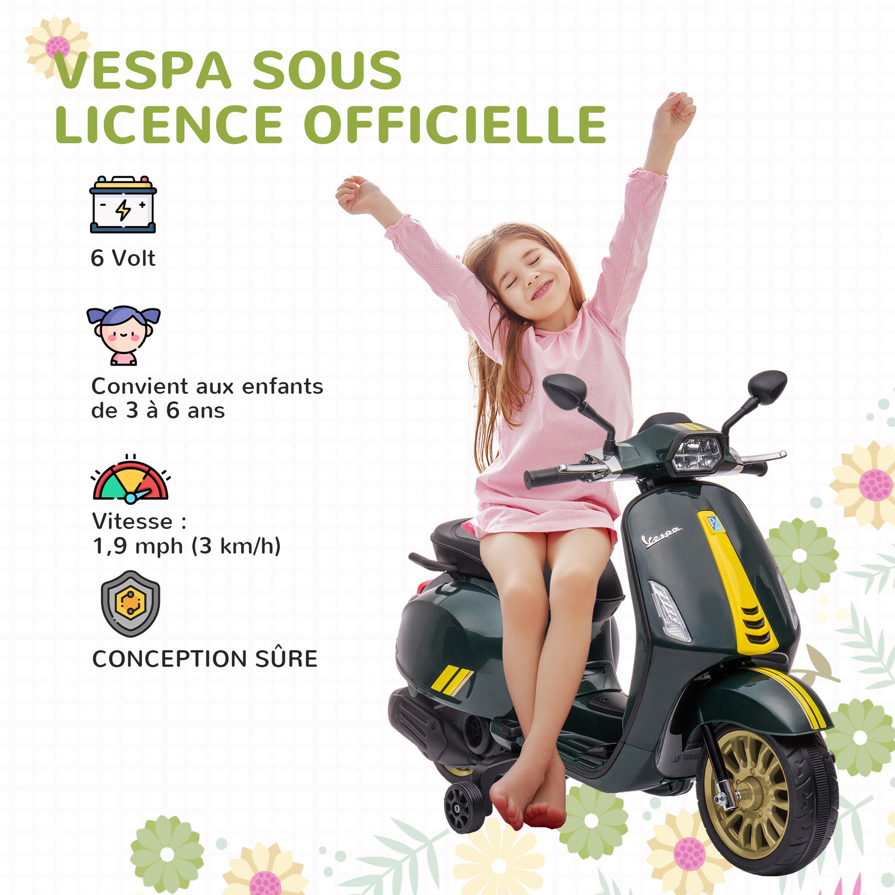 Scooter électrique enfant Vespa 6 V dim. 107L x 47l x 73H cm Musique MP3 Port USB Phare 2 roues d'entraînement - Vert