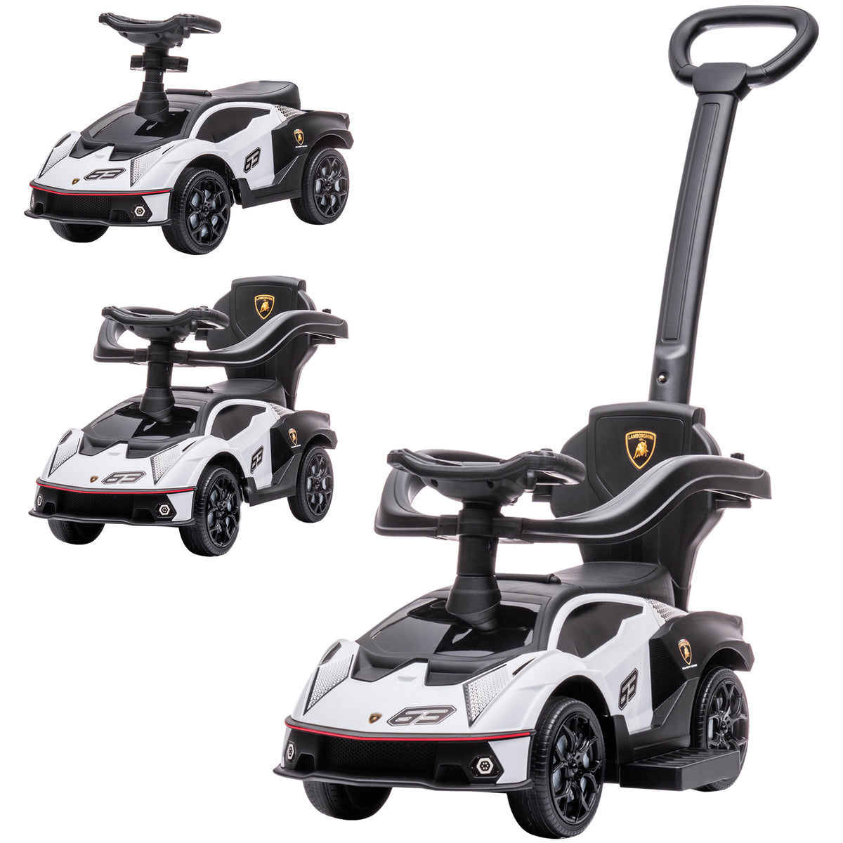 Voiture à pousser pour enfants porteur enfants 1 à 3 ans multi-équipée avec poignée de poussée, klaxon et volant, Blanc