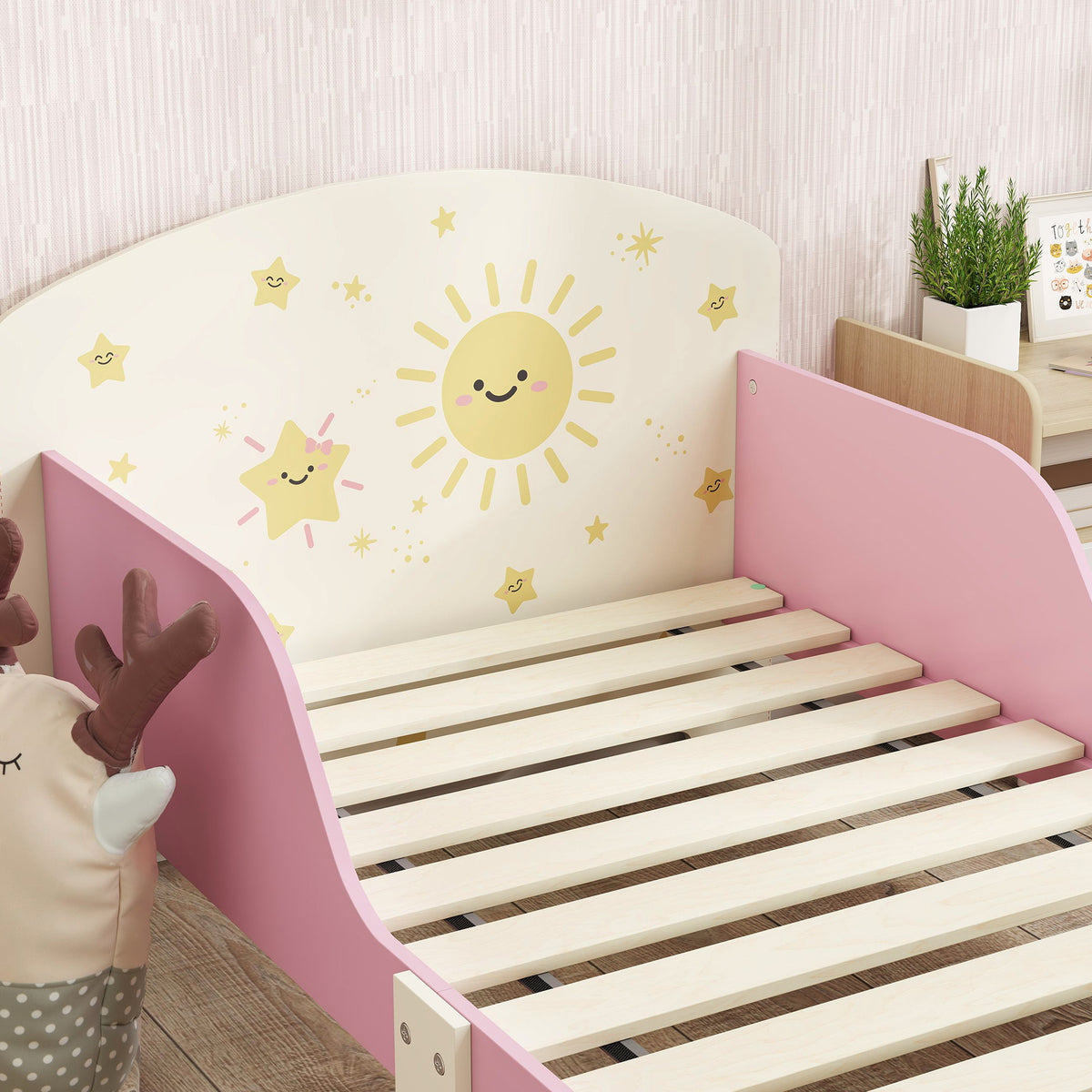 Lit enfant 70 x 140 cm, lit pour enfant avec barriere de securite et sommier à lattes, espace de rangement, rose