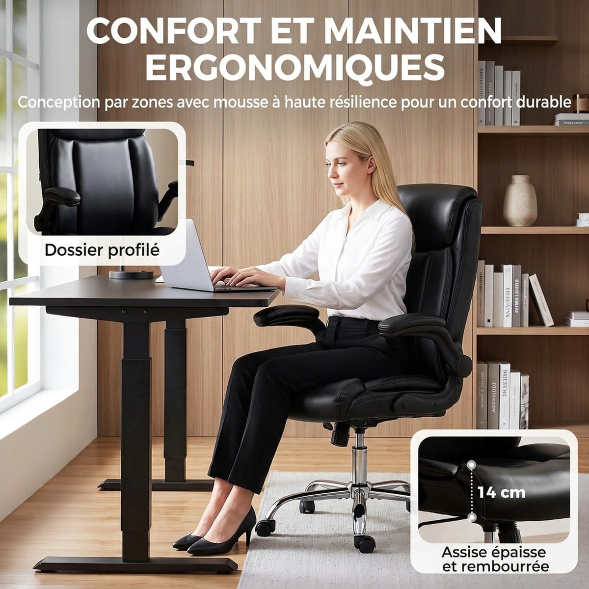 Chaise Bureau Ergonomique avec Accoudoirs Relevables, Fauteuil de Bureau en PU, Hauteur Réglable, Fonction Bascule, Noir