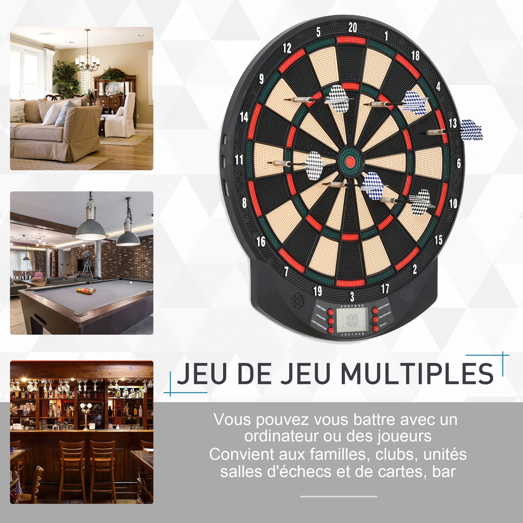 Cible jeu de fléchettes électronique 26 Jeu principals et 185 jeux variations cibles électroniques pour 8 joueurs 30 flechette pointe affichage LCD haut-parleur noir