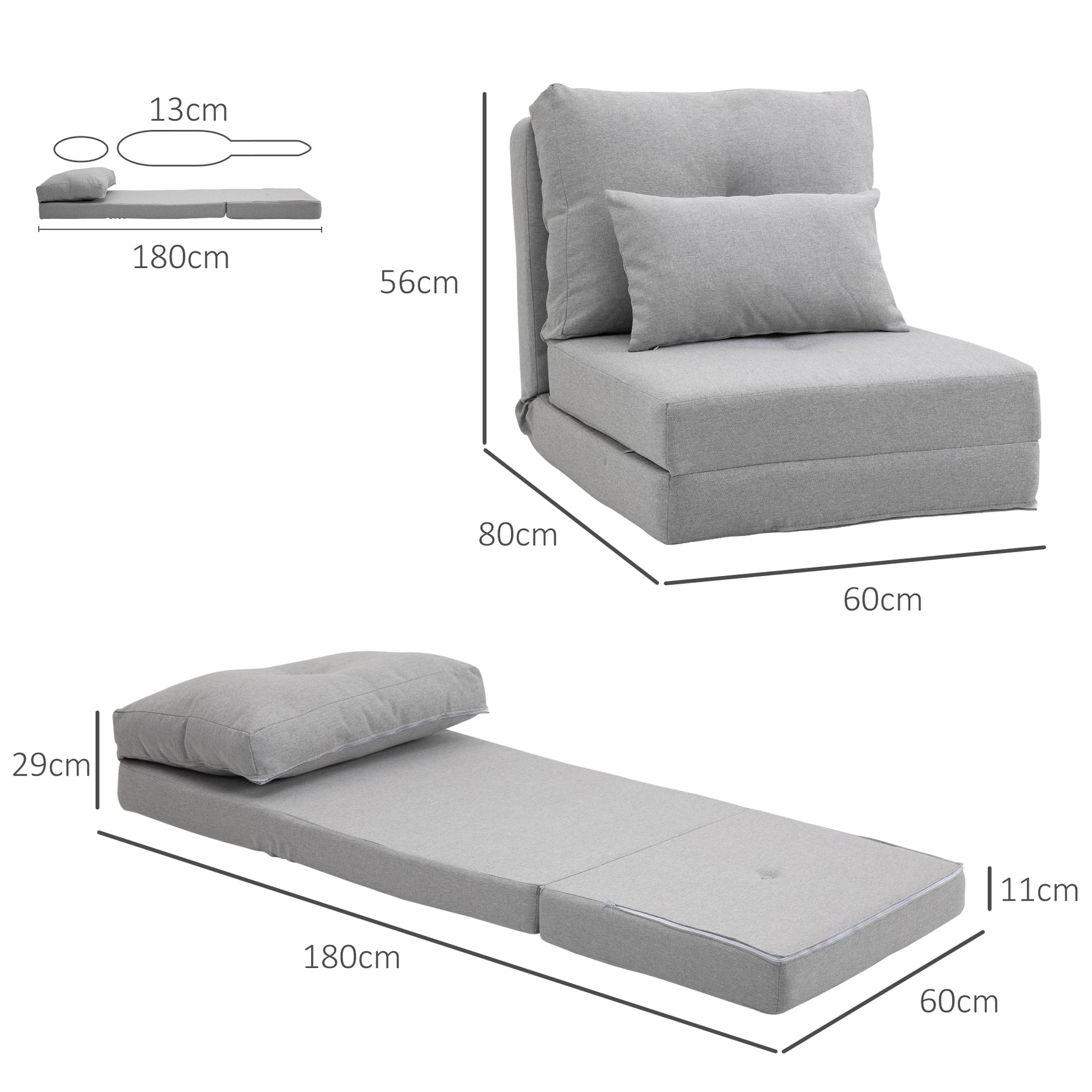 Chauffeuse canapé-lit convertible fauteuil 1 place avec 1 coussin avec dossier réglable, gris clair