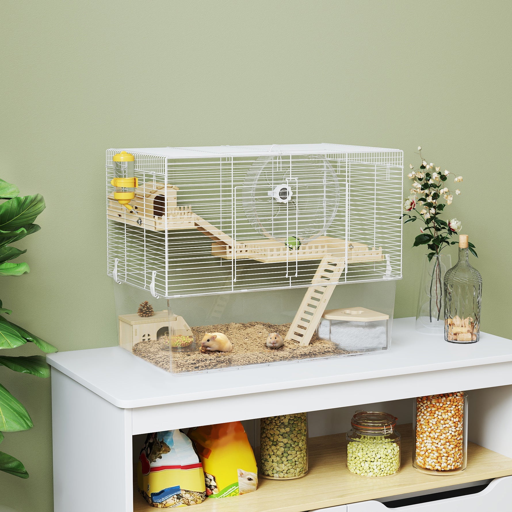 Cage à hamster à 3 niveaux, cage rongeur avec roue d'exercice, plateau profond transparent, 59 x 35,5 x 47 cm, blanc