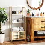 Colonne de salle de bain armoire de rangement en bambou 3 étagères 1 placard 63 x 30 x 138 cm bois naturel et blanc
