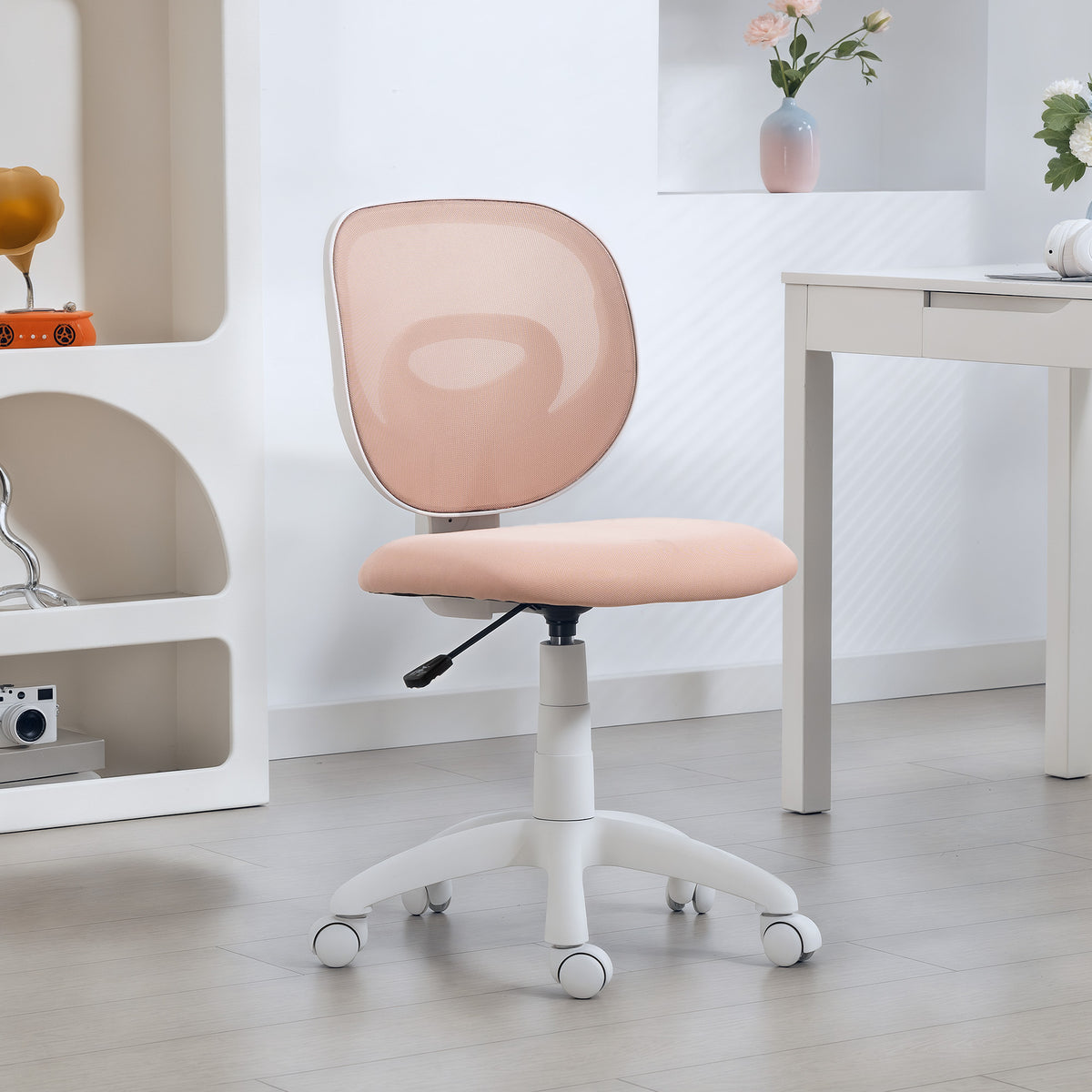 Chaise de Bureau Ergonomique sans Accoudoirs, Fauteuil de Bureau en Maille, Hauteur Réglable, Rose