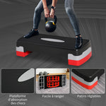 Stepper aerobic fitness hauteur reglable 2 niveaux surface antiderapante PP 68 x 29 x 15 cm rouge noir et gris