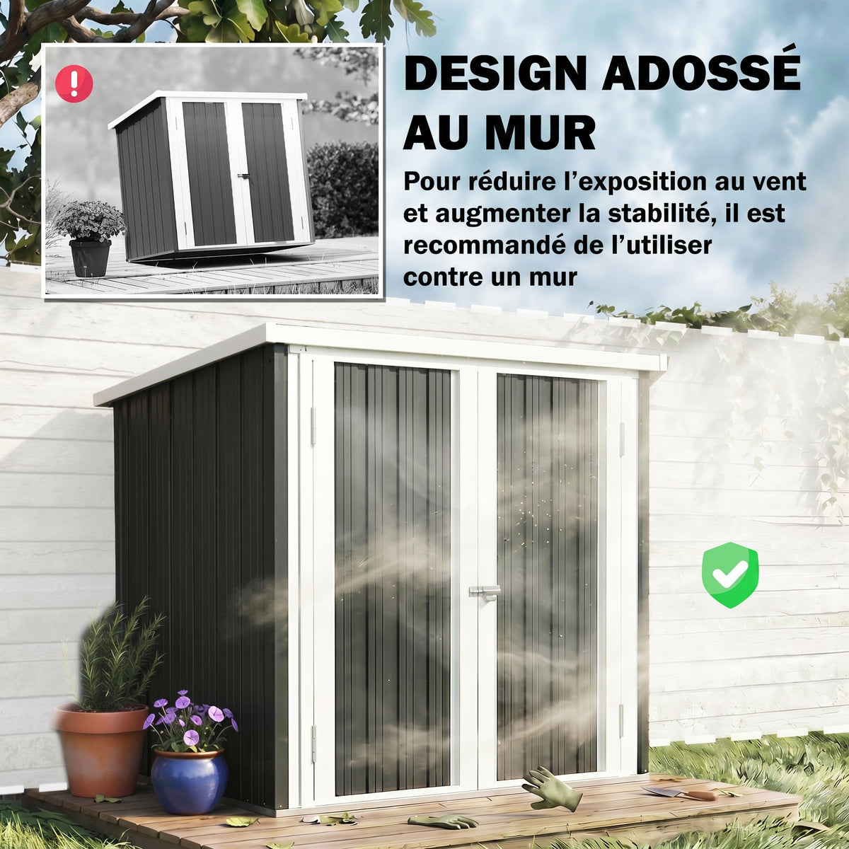 Abri de Jardin - cabane de jardin 1,09 m² - cabanon rangement outils 2 Portes verrouillables - dim. 147L x 86l x 134H cm - tôle d'acier Noir Blanc