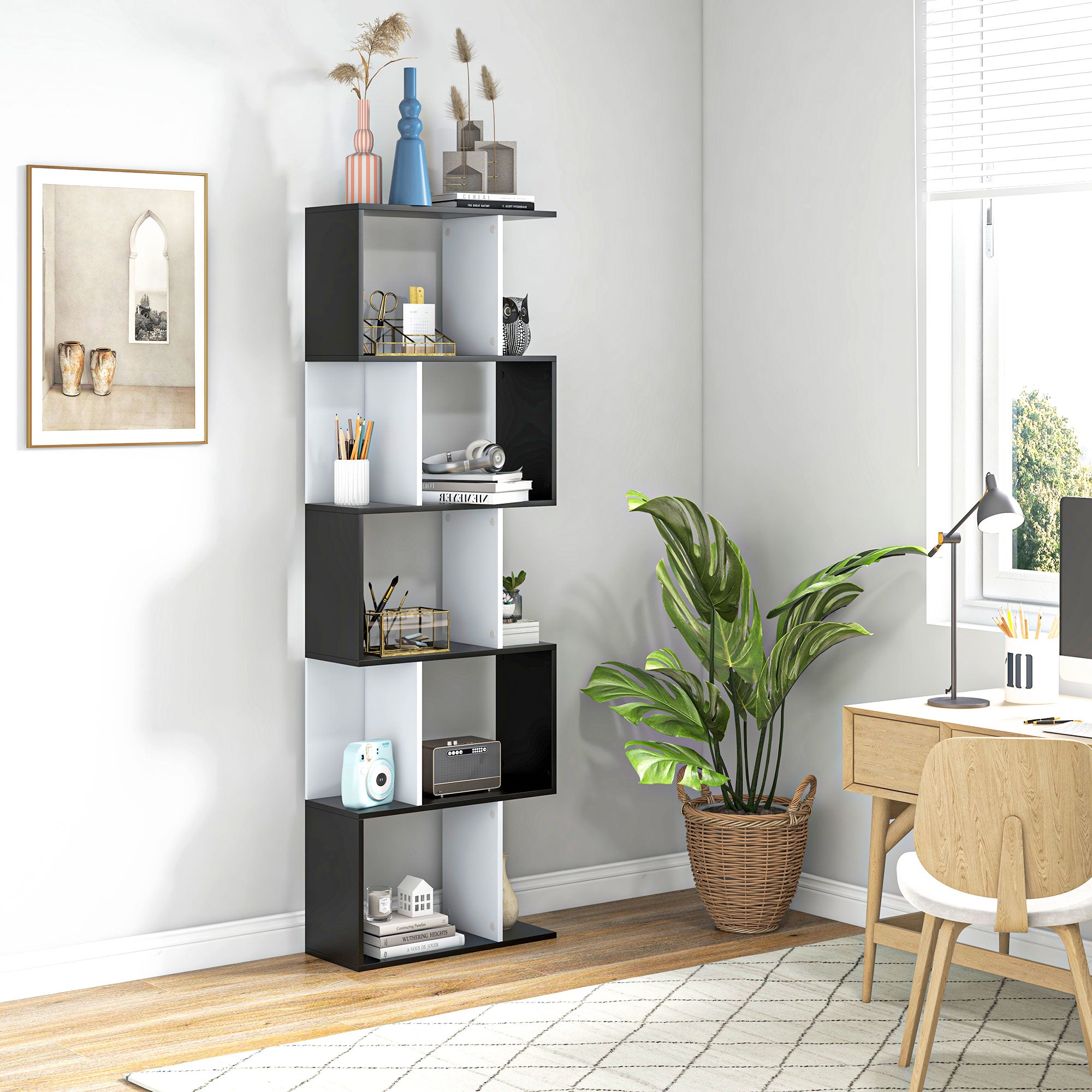 5-stufiges Bücherregal, S-förmiges Aufbewahrungsmöbel mit Regalfächern, Regal für Wohnzimmer, Schlafzimmer, Büro, 60 x 24 x 184,5 cm, schwarz, weiß