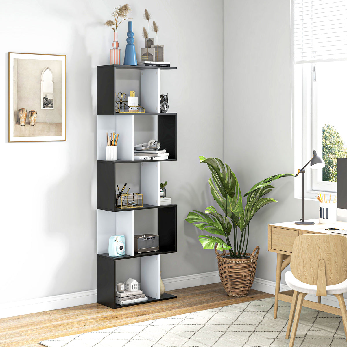 Boekenkast met 5 niveaus, S-vormig opbergmeubel met planken, opbergrek voor woonkamer, slaapkamer en kantoor, 60 x 24 x 184,5 cm, zwart, wit