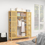 Armoire en bambou avec 2 portes coulissantes, étagères et tringle, grande armoire pour la chambre, 145 x 35 x 165cm