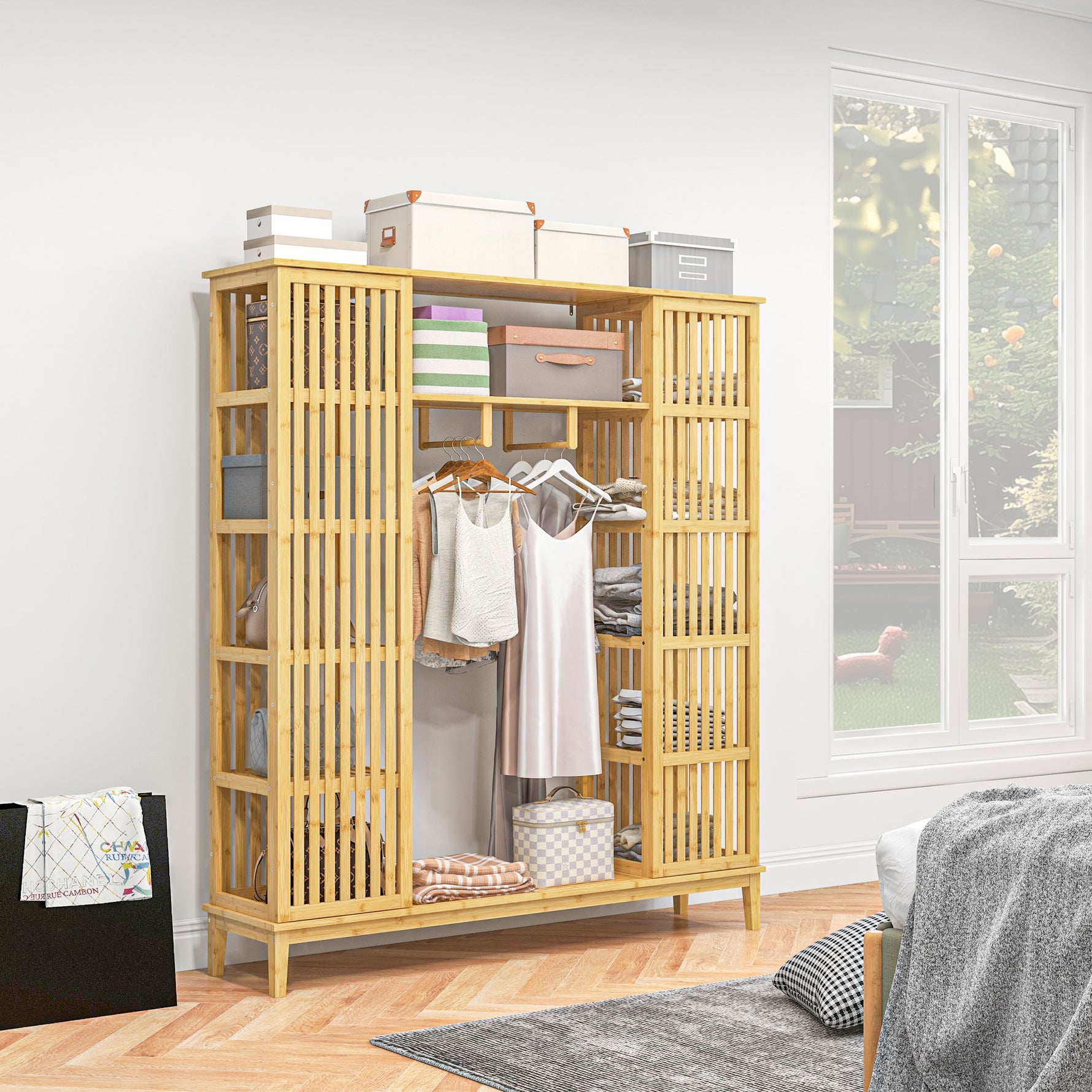 Armoire en bambou avec 2 portes coulissantes, étagères et tringle, grande armoire pour la chambre, 145 x 35 x 165cm