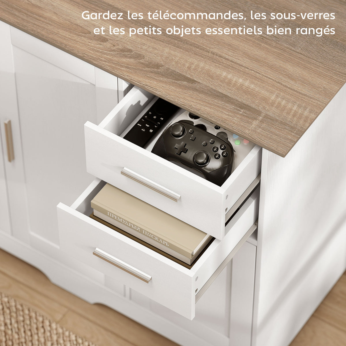 Buffet salon, meuble de rangement avec 2 tiroirs, 3 portes et étagère réglable, 100 x 40 x 78 cm, blanc et bois naturel