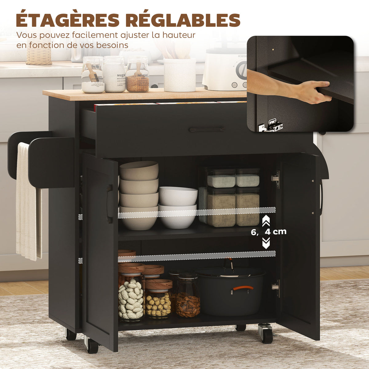 Dessert îlot de cuisine multi-rangements tiroirs placard 2 portes avec étagère réglable 105 x 36 x 85 cm noir