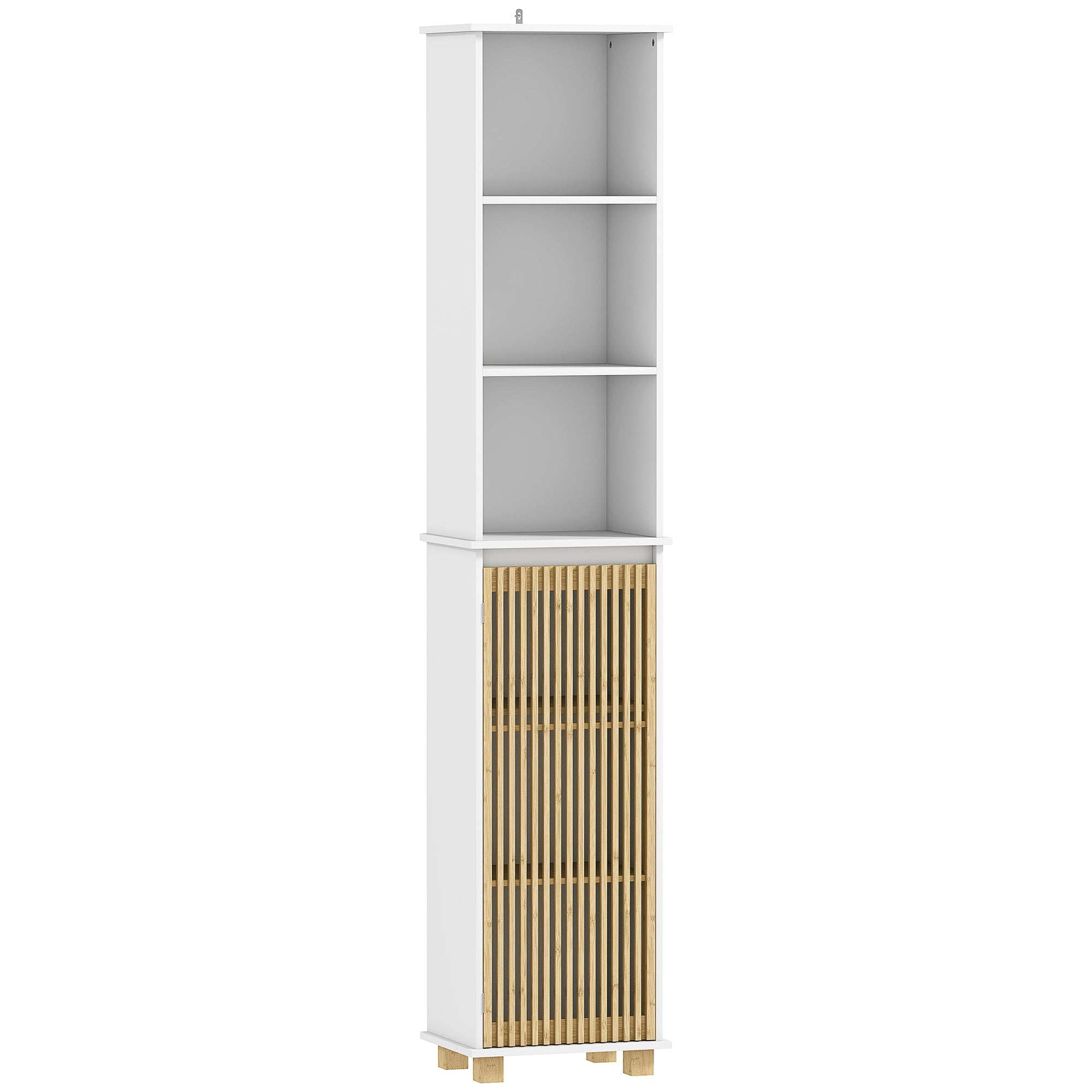Colonne salle de bain, meuble salle de bain rangement avec porte à lattes en bambou et compartiments ouverts, blanc