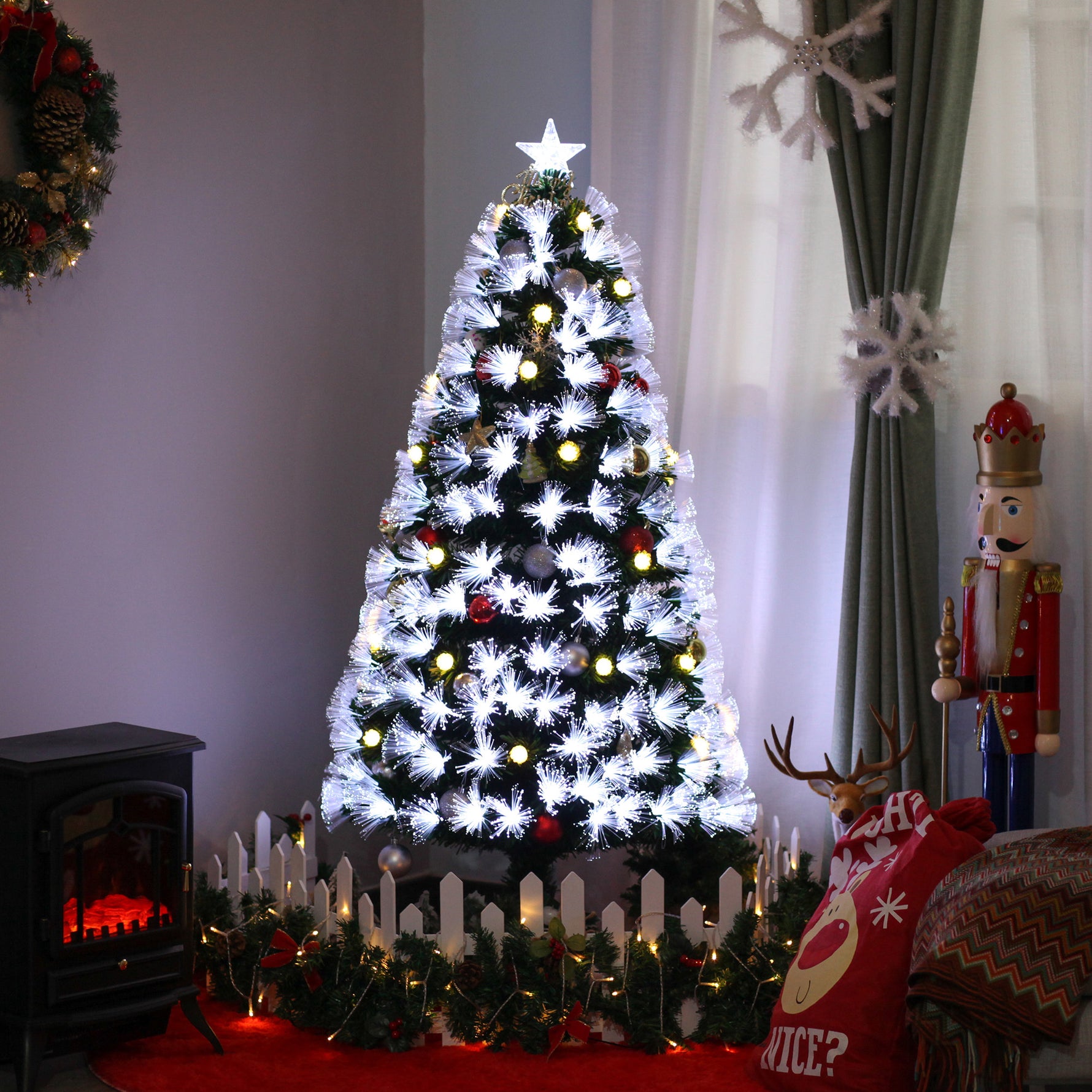 Sapin de Noël Artificiel Lumineux 120H cm Fibre Optique LED + 20 Ampoules + Support Pied 130 Branches étoile Sommet Brillante Vert