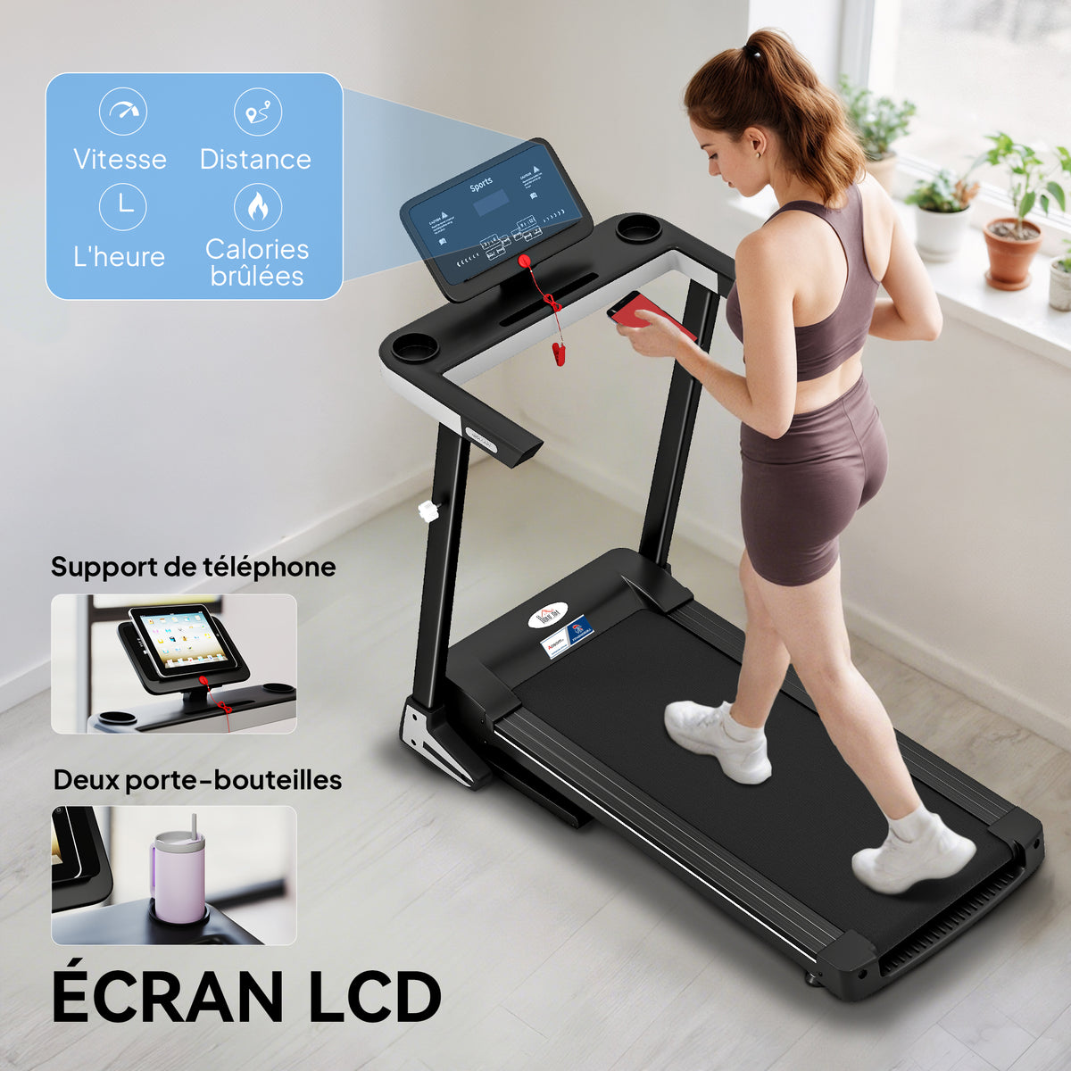 Tapis de Course Electrique Pliable - .fr x FFHandball - Tapis Roulant 1-12 Km/h 500 W écran LCD 12 programmes Noir