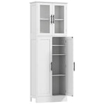 Meuble de salle de bain haut 6 niveaux, meuble de rangement avec 4 portes dont 2 vitrées et étagères réglables, blanc