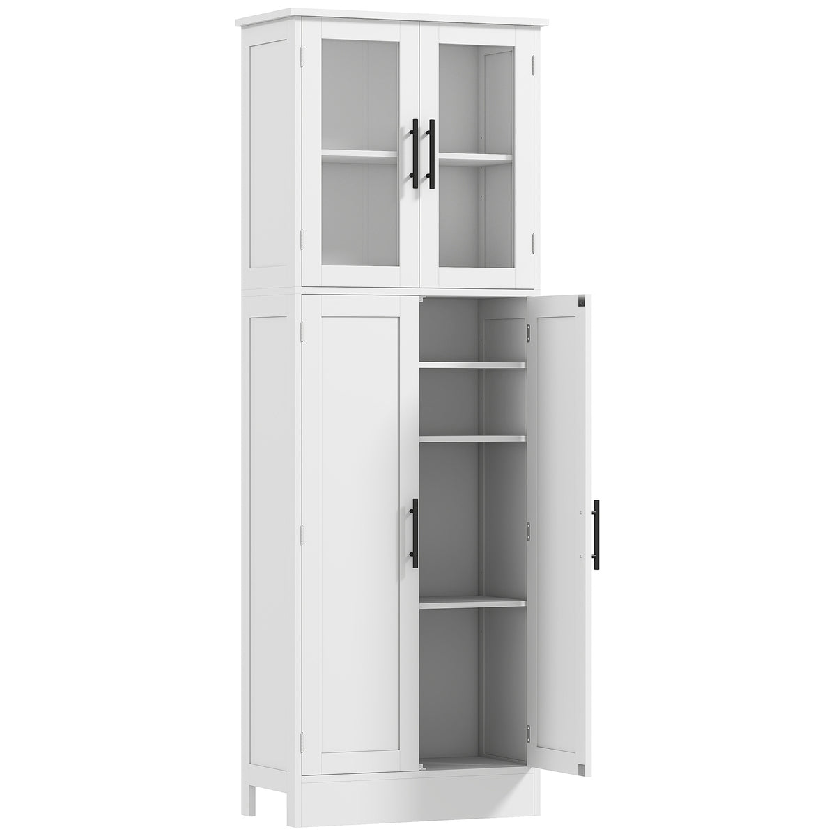 Meuble de salle de bain haut 6 niveaux, meuble de rangement avec 4 portes dont 2 vitrées et étagères réglables, blanc