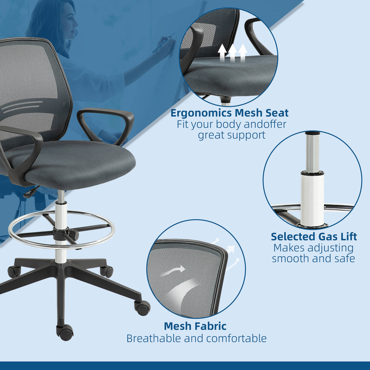 Fauteuil de bureau chaise de bureau assise haute réglable tabouret de bureau pivotant 360° maille respirante