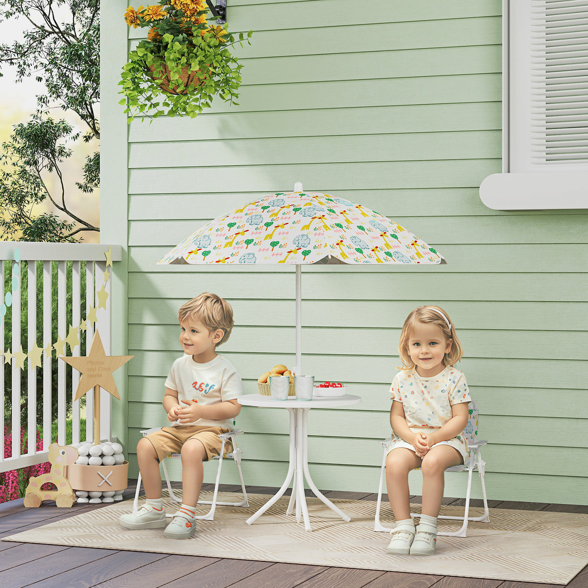 Ensemble salon de jardin extérieur enfant 4 pièces, motif éléphant et girafe, parasol réglable Ø 100 cm, chaise pliable