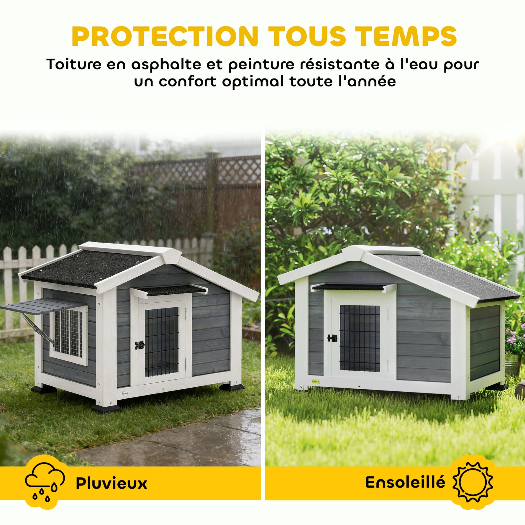Niche pour Chien Extérieur Abri Jardin Surélevé Plancher Amovible Auvent de Porte et Toit Imperméable 98x76x69,5cm Gris