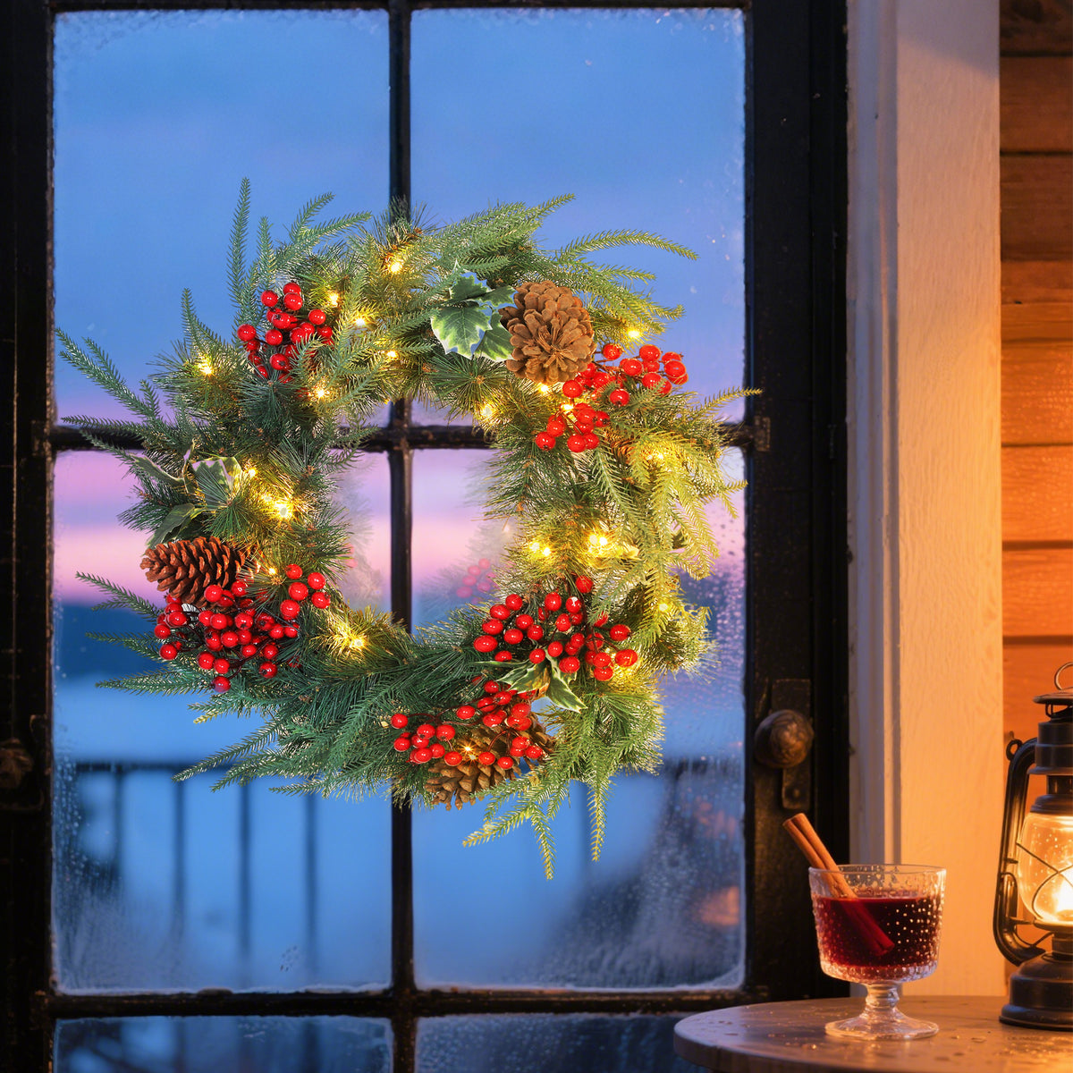 Beleuchteter Weihnachtskranz 60 cm mit 35 LEDs, Timer, 170 Zweigspitzen, Tannenzapfen, Beeren, Stechpalmenblättern, Grün